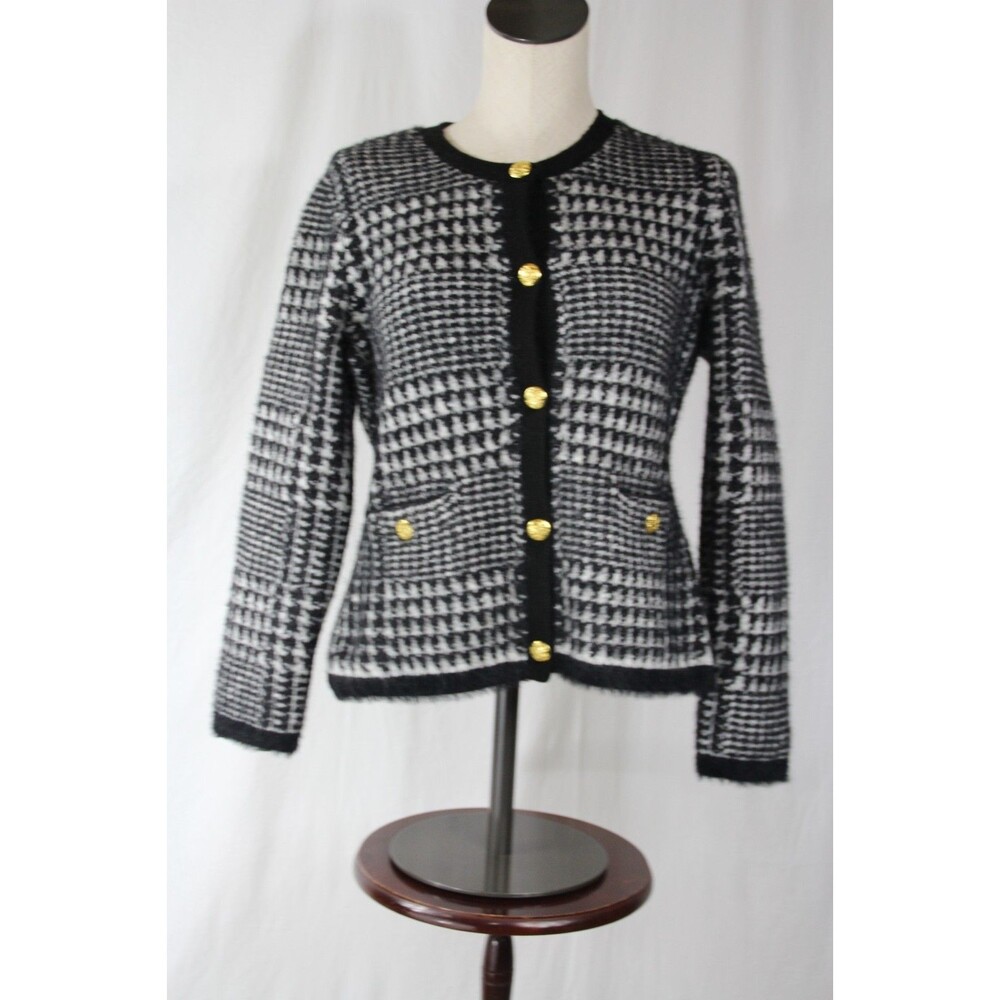 Tahari Women's Black White Metallic Plaid Cardigan Sweater M Gold Button Up Warm